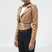 Women's Tan Cropped Leather Biker Jacket — Lapford