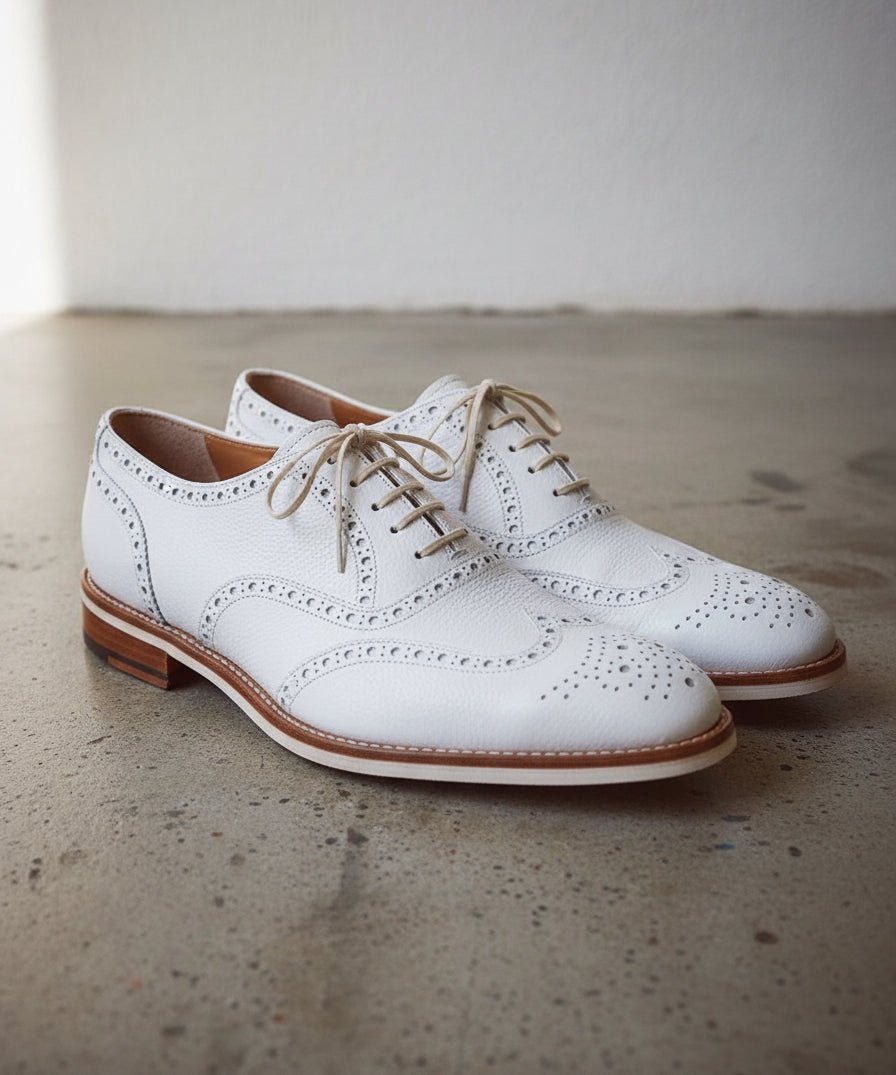 Designer Men white color wing tip Brogue lace up leather dress formal Shoe - angle-view-showing-depth