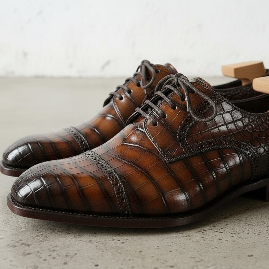 Handmade Mens brown crocodile dress shoes, Men brown square toe laceup shoe US 8.5 / brown / D - Standard Handmade Mens brown crocodile dress shoes, Men brown square toe laceup shoe US 8.5 / brown / D - Standard