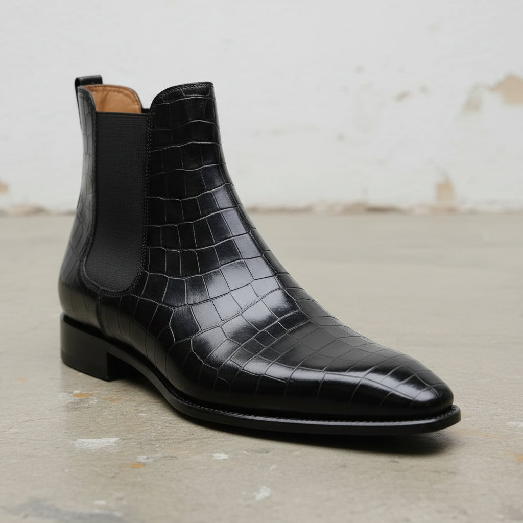 Men's Handmade Black Crocodile Print Chelsea Boots