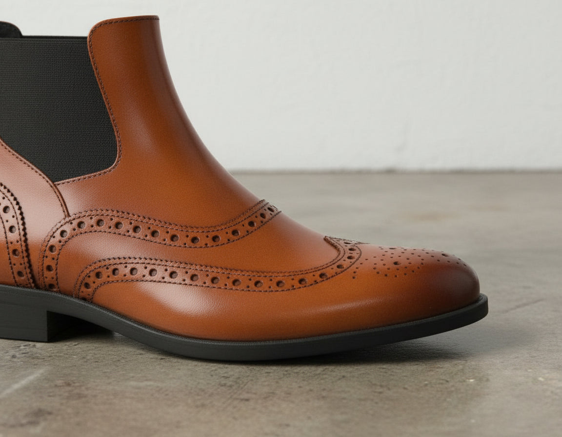 Handmade Tan Leather Wingtip Brogue Chelsea Boots