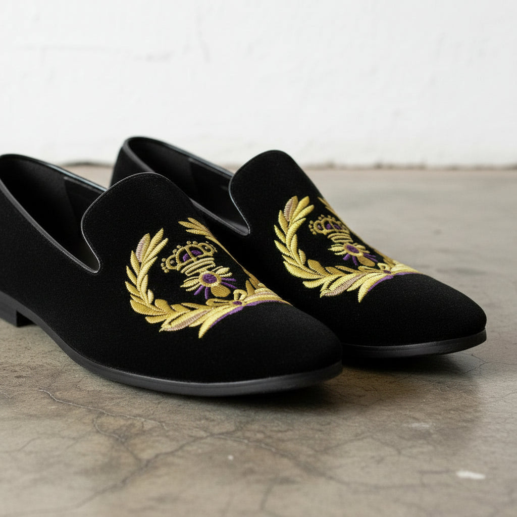 Men's Black Embroidered Velvet Loafers — Alciston