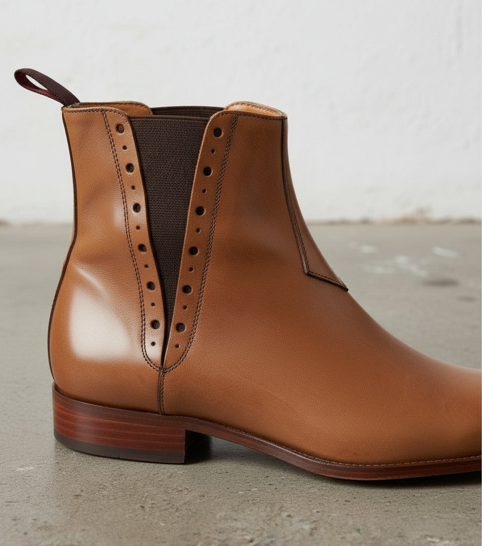 Handmade Men Tan Color Chelsea Brogue Ankle Boots, Ankle Leather Boots