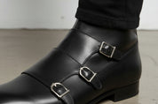 Handcrafted Men's Black Double Monk Ankle Boots with Side Zipper