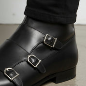 Handcrafted Men's Black Double Monk Ankle Boots with Side Zipper
