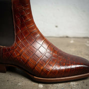 Handcrafted Men's Brown Chelsea Boots with Crocodile Pattern