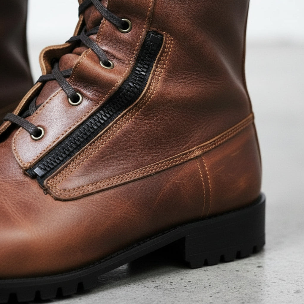 Handcrafted Men's Antique Brown Biker Boots with Side Zipper and Lace-Up Closure