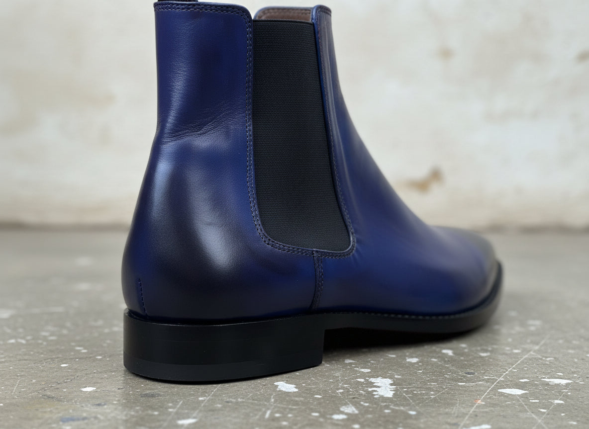 Men's Navy Blue Handmade Leather Ankle Chelsea Boots