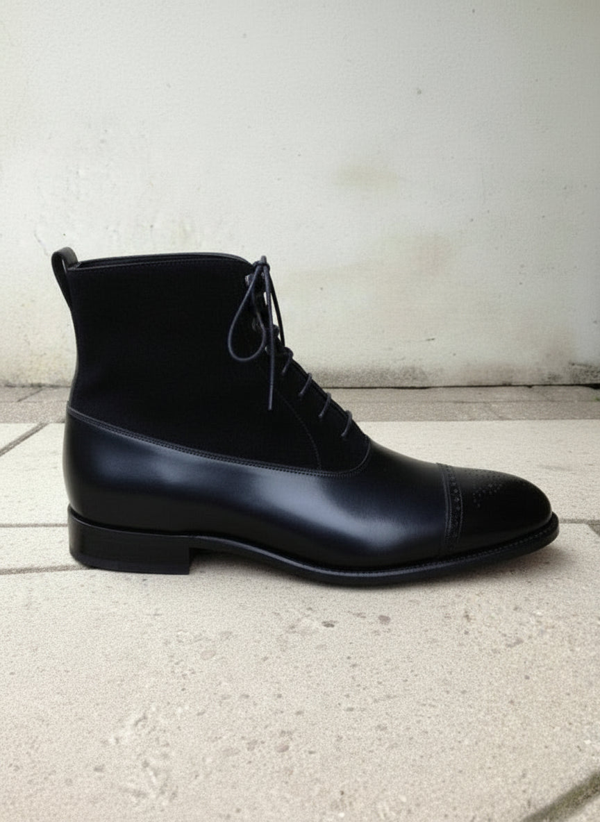 Men's Handmade Black Leather & Suede Lace-up Ankle Boots