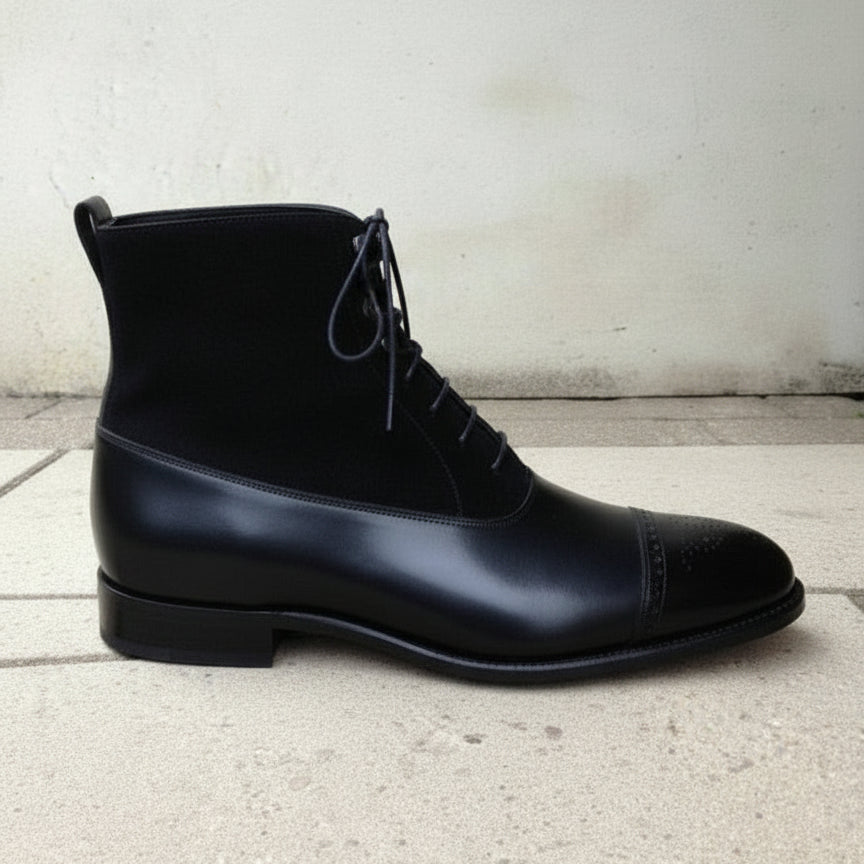 Men's Handmade Black Leather & Suede Lace-up Ankle Boots
