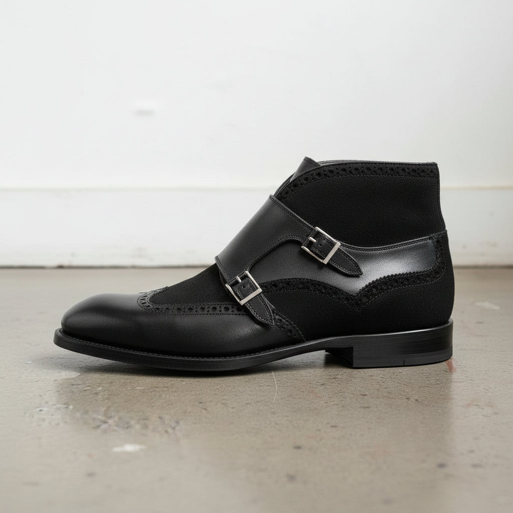 Handcrafted Men's Black suede and Leather Double Monk Strap Wingtip Boots