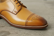 Handmade Men Tan Color Oxford Brogue Formal Dress Shoes
