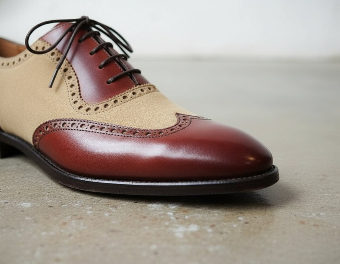 Handmade Men Brown Leather Formal Shoes, Wing Tip Two Tone Dress Shoes