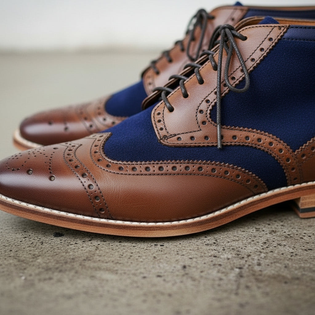 Handmade Men Two Tone Boot, Blue and Brown Ankle Boot, Mens Casual Boot