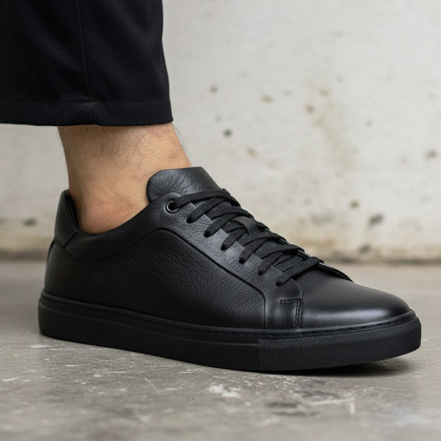 Black Leather Lace-Up Sneakers for Men