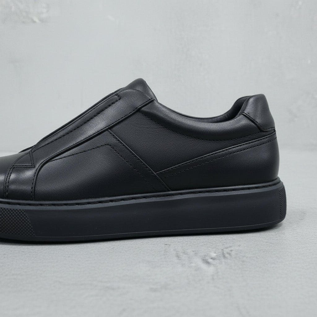Men's Black Leather Slip-On Sneakers