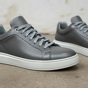 Gray Leather Lace-Up Sneakers for Men