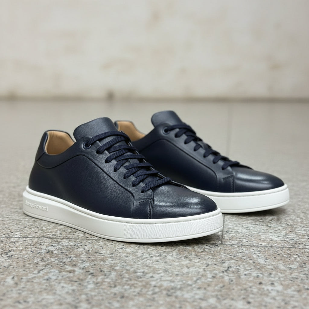 Men's Navy Blue Lace-Up Leather Sneakers