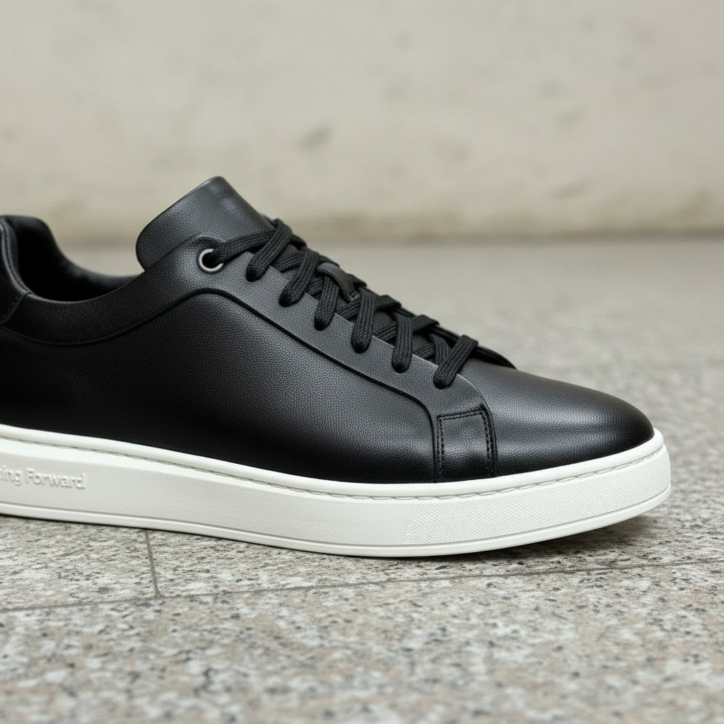 Black Leather Men's Lace-Up Sneakers