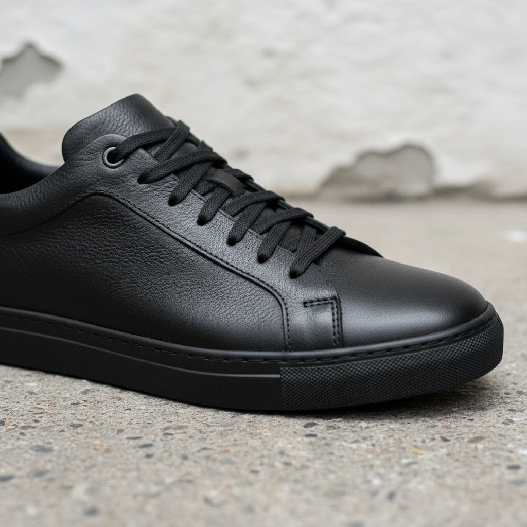 Men's Black Leather Plain-Toe Sneakers