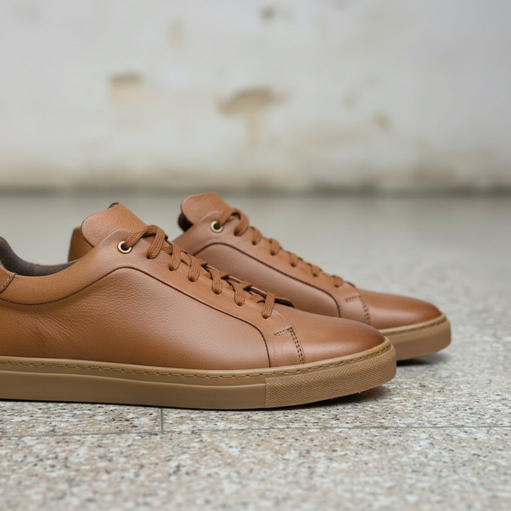 Men's Tan Leather Plain-Toe Sneakers