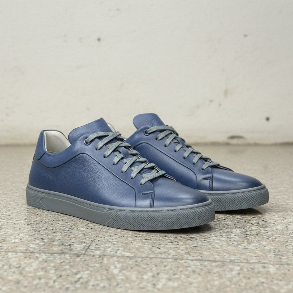 Men's Blue Leather Plain-Toe Sneakers
