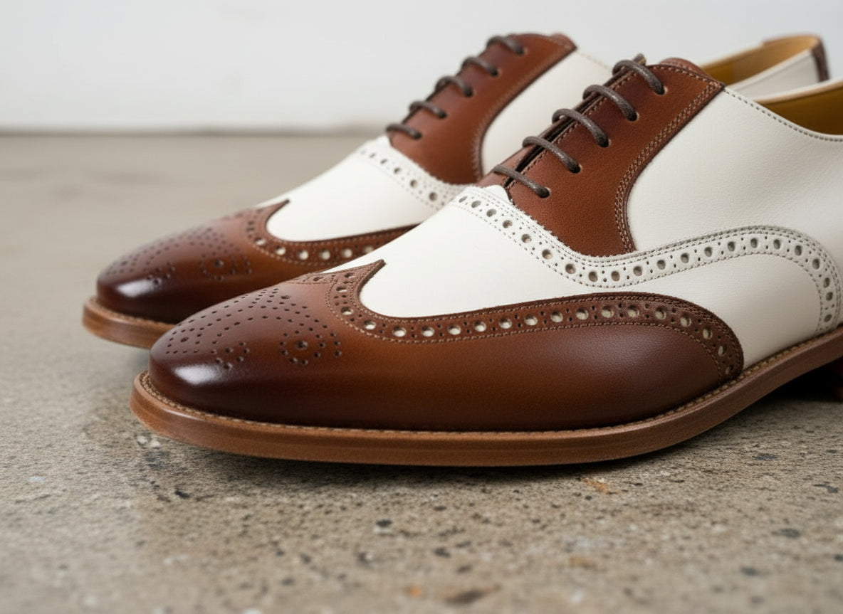 Handcrafted Brogue Wingtip Brown and White Formal Shoes, New Men Spectator Shoes For Men