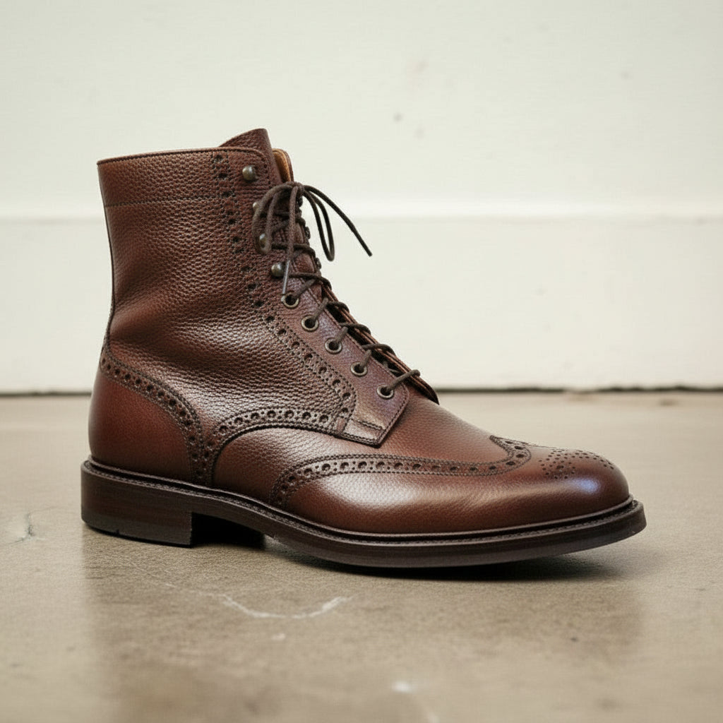 Men's Brown Wingtip Pebbled Leather Derby Boots — Smallwood