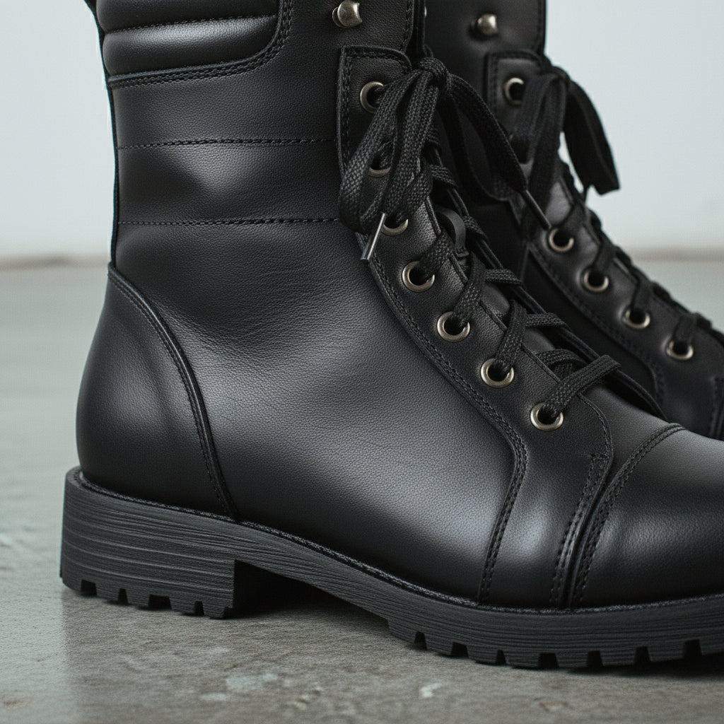 Men's Black Cap-Toe Leather Biker Boots