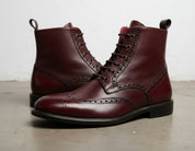 Handmade Men Burgundy Lace Up Boots, Ankle Leather Boots