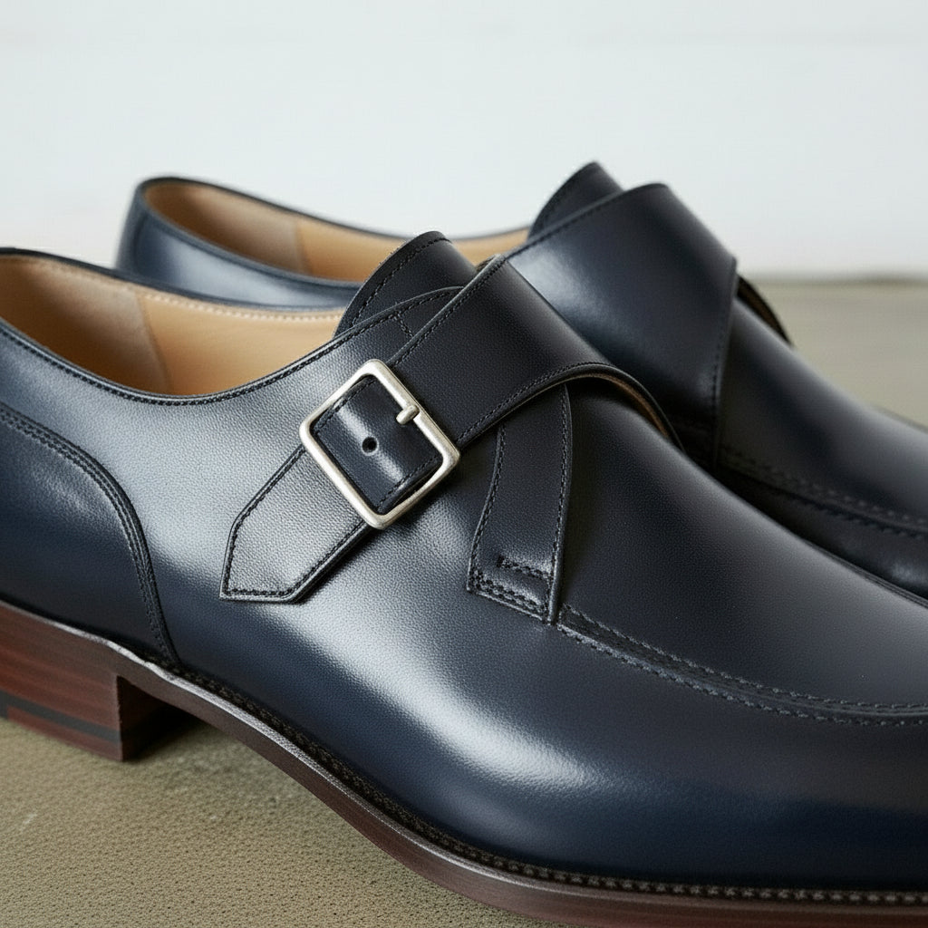 Handmade Men's Navy Blue Leather Monk Dress Shoes