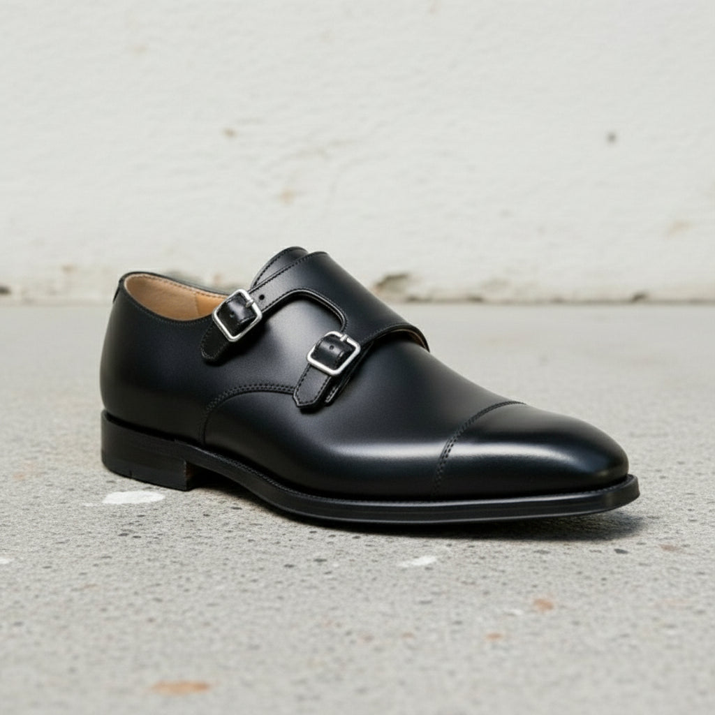 Men's Black Leather Double Monk Dress Shoes