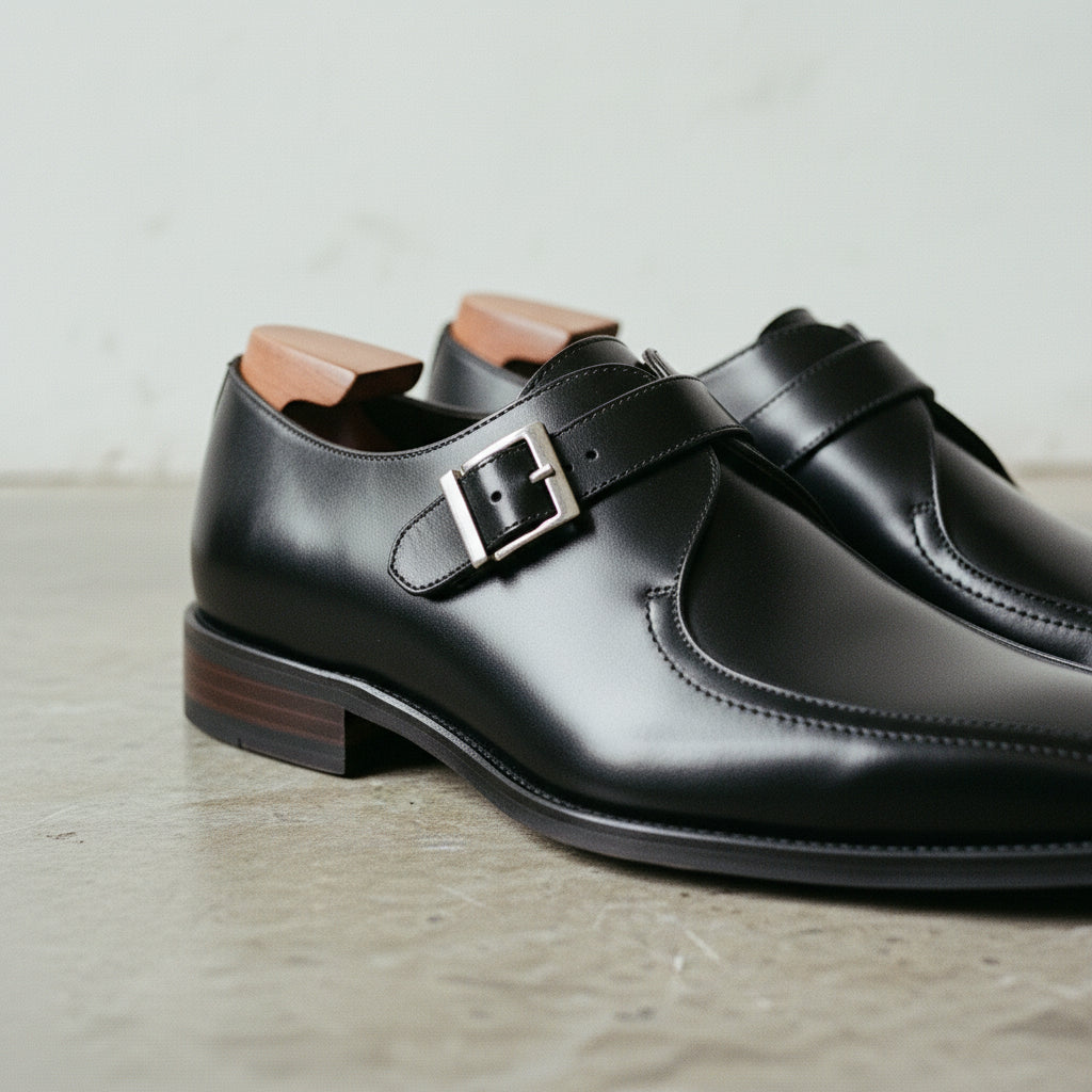 Handmade Men's Black Leather Monk Strap Dress Shoes