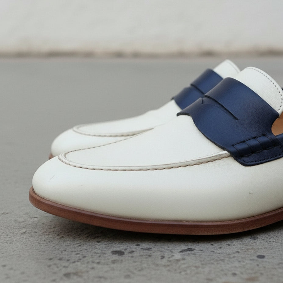 Handmade Men Two Tone Formal Shoes, Blue and White Dress Shoes