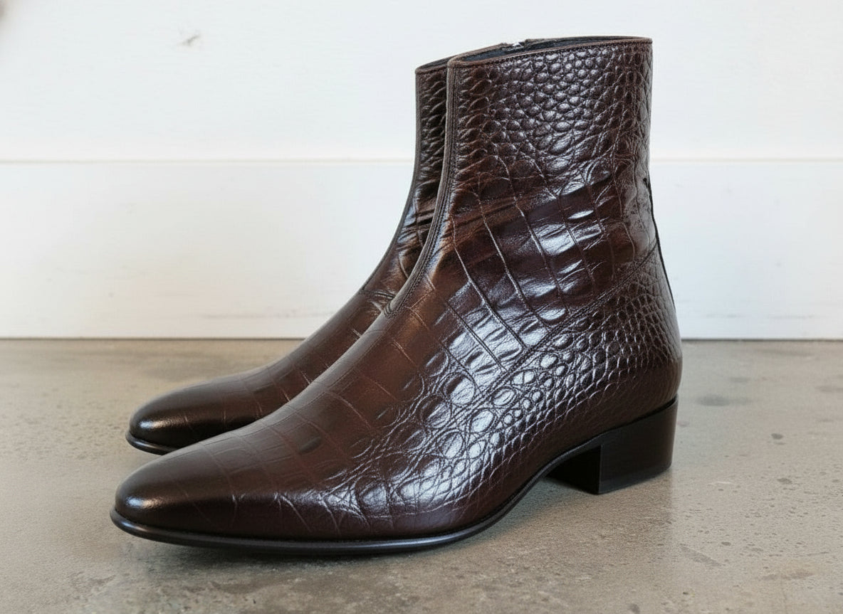 Handmade Men's Brown Classic Alligators  Side Zipper Boots