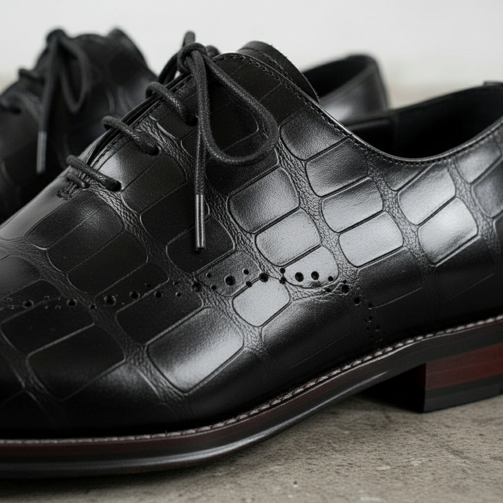 Handmade Men's Cow Leather Crocodile-pattern Oxfords