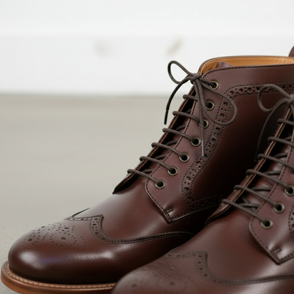 Handmade Men's Coffee Brown Wing Tip Brogue Leather Ankle  Boots