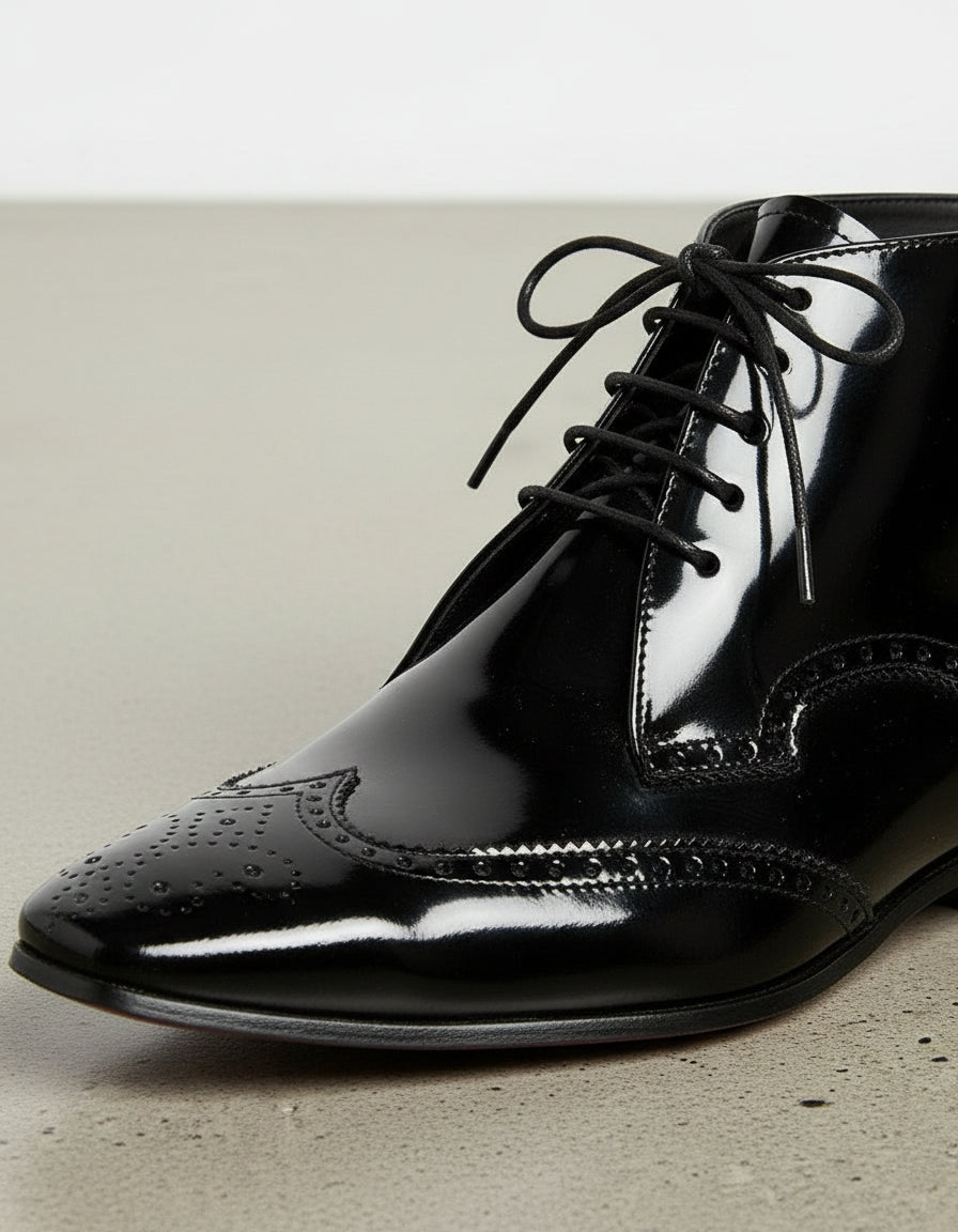 Handmade Men Wing Tip Brogue Patent Leather Lace Up Ankle Boots