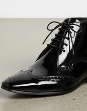 Handmade Men Wing Tip Brogue Patent Leather Lace Up Ankle Boots