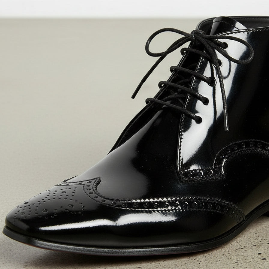 Handmade Men Wing Tip Brogue Patent Leather Lace Up Ankle Boots