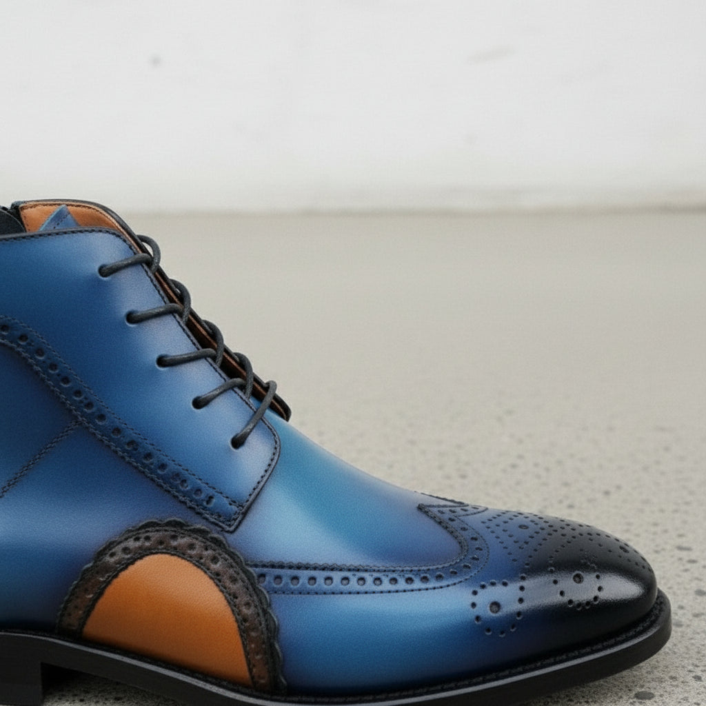 Men Blue Wing Tip Brogue Round Toe Lace Up High Ankle Dress Leather Boots US 6 / Blue / D - Standard Men Blue Wing Tip Brogue Round Toe Lace Up High Ankle Dress Leather Boots US 6 / Blue / D - Standard