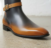 Handmade Men's Tan Black Leather Jodhpur Ankle Boots