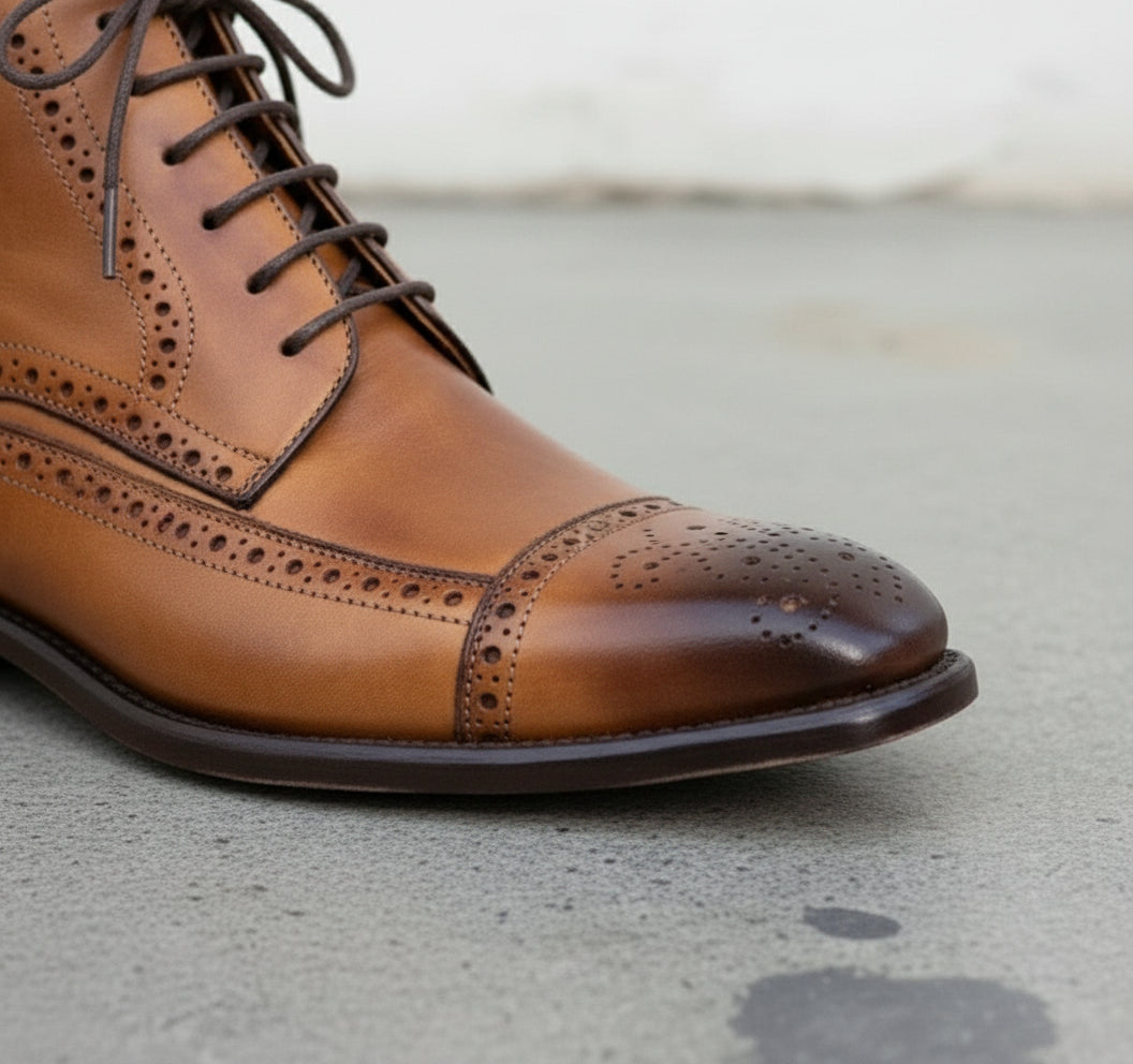 Handmade Tan Brown Wing Tip Brogue Ankle Boots