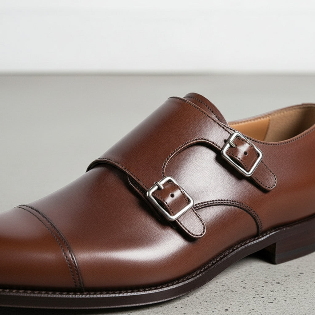 Handcrafted Men's Brown Leather Double Buckle Oxfords