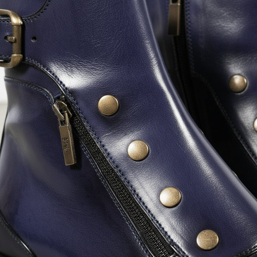 Handmade Men's Blue Leather High Ankle Boots with Side Zipper