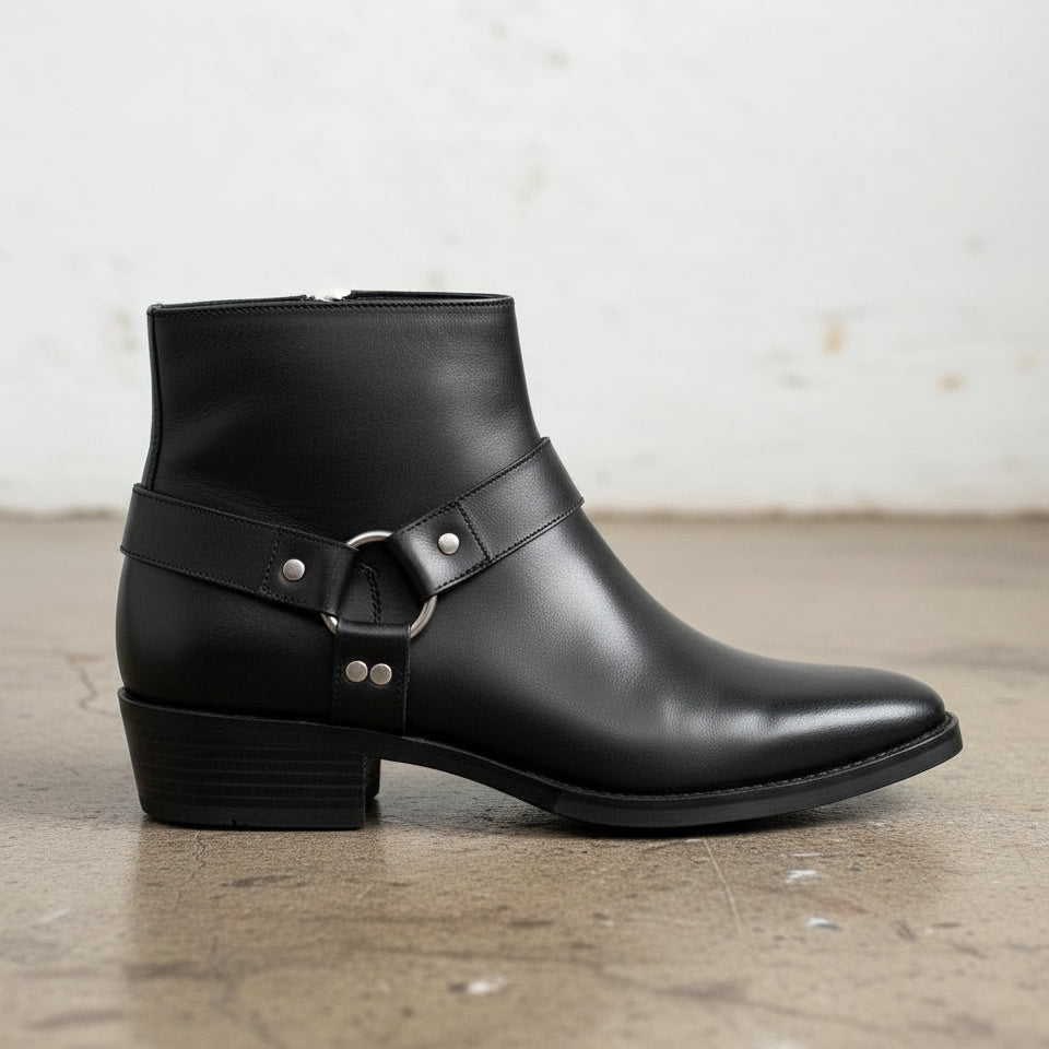 Handmade Men's Black Leather Zipper Ankle Boots