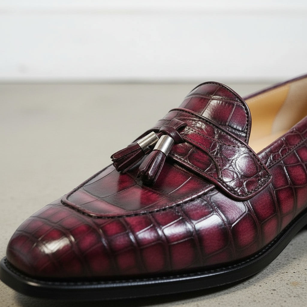 Handmade Men's Burgundy Crocodile Textured Leather Loafers -Slip-On Casual Shoes
