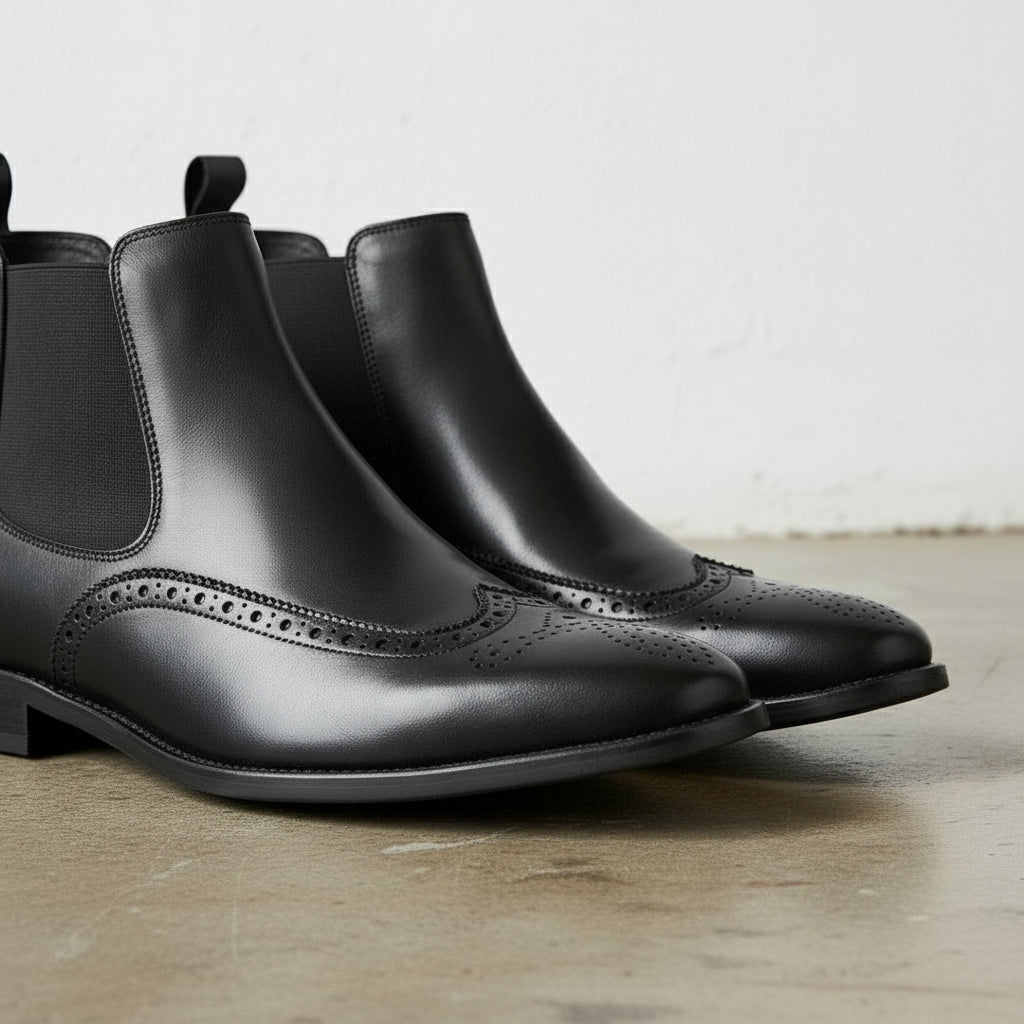 Handmade Men's Full Grain Leather Wingtip Chelsea Boots