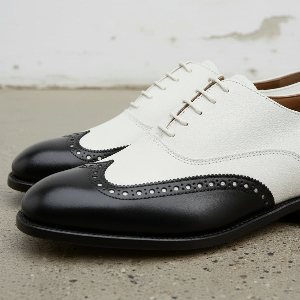 Handcrafted Men's Black and White Wingtip Dress Shoes