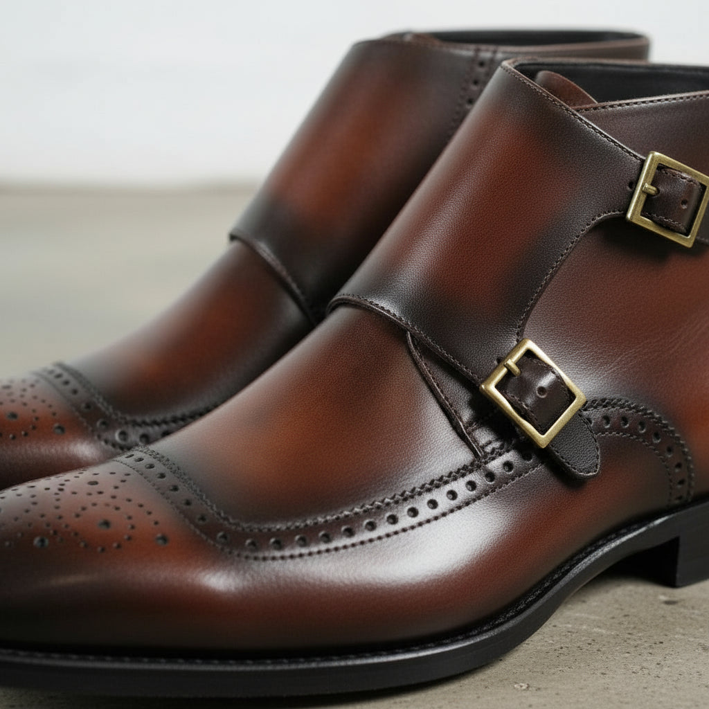 Handmade Men Wingtip Brogue Double Monk Chukka Boots, New Leather Boots